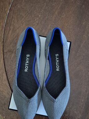 Rothy's Black And Grey The Point Knit Flats with Blue Trim